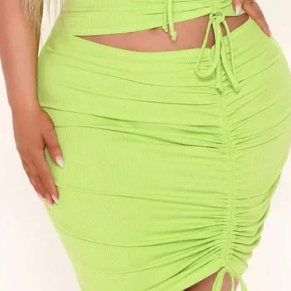Fashion Nova - Neon Yellow Ribbed Drawsting Side Bodycon Skirt